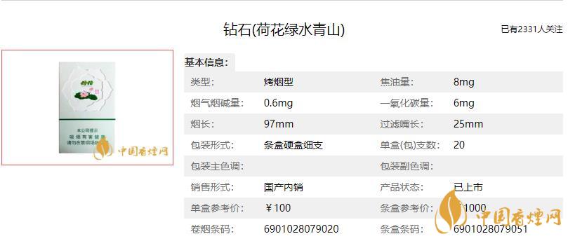 鉆石荷花綠水青山價格 鉆石荷花綠水青山香煙多少錢一包